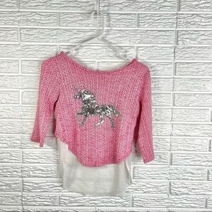 5/$25 Total Girl Sequined Unicorn High Low Sweater Pink White Size Medium 10-12